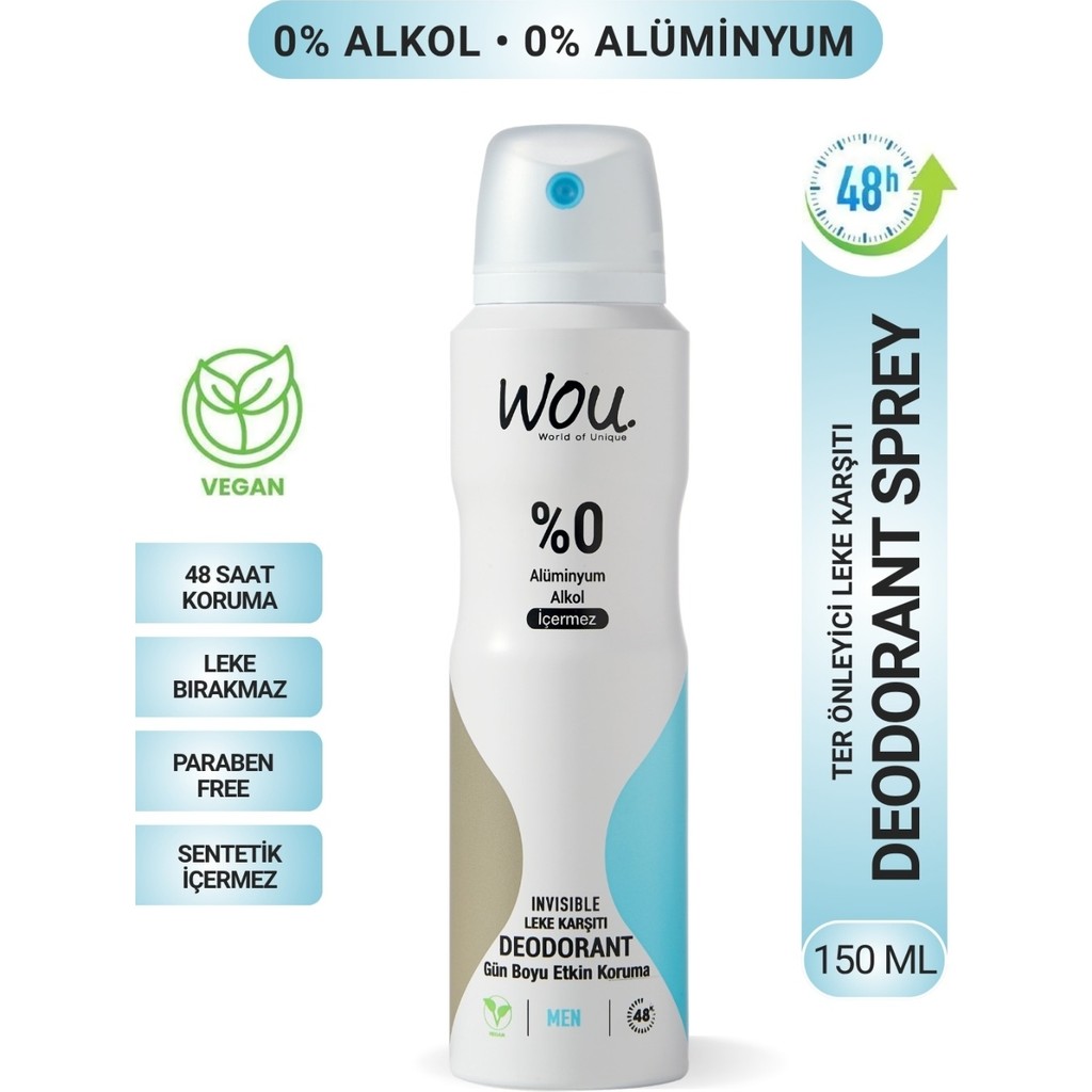 WOU World of Unique Erkek Sprey Deodorant 150 ml – 48 Saat Kalıcı Koruma, Vegan, Alkolsüz, Pudrasız, Ter Kokusu Önleyici Diğer Fiyatı