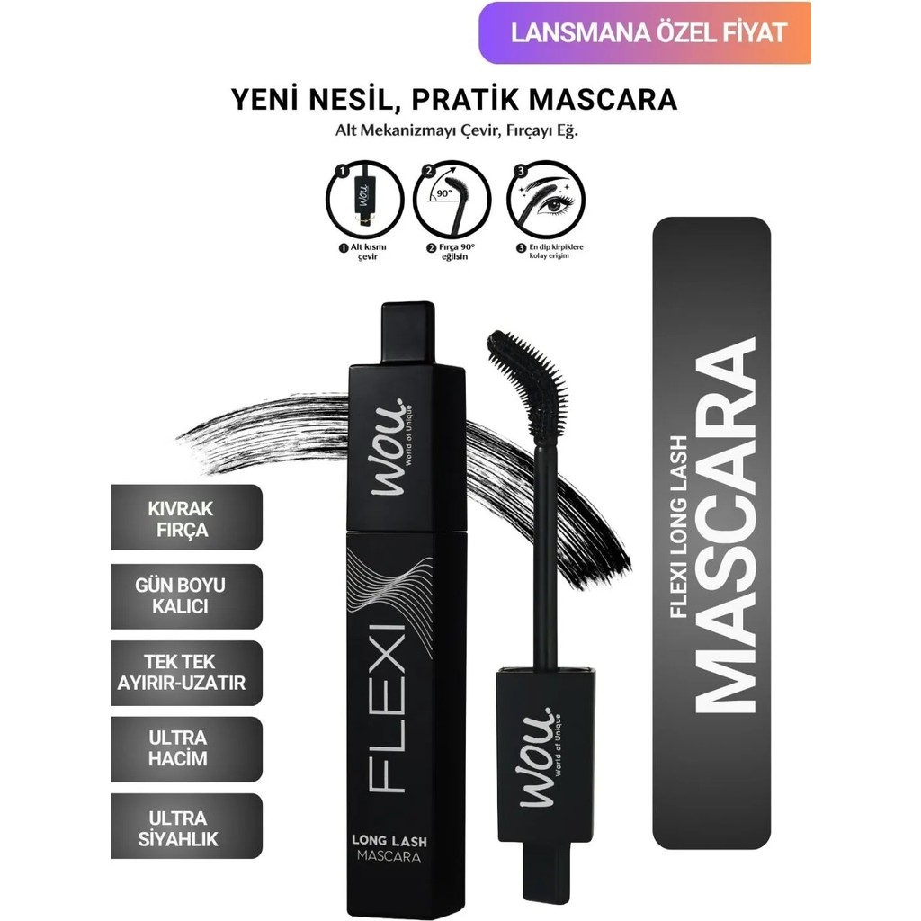 WOU World of Unique Flexi Mascara / Ekstra 4 Etki - Uzun, Kıvrak, Dolgun, Tek Tek Ayıran - Siyah Kirpikler. Diğer Fiyatı