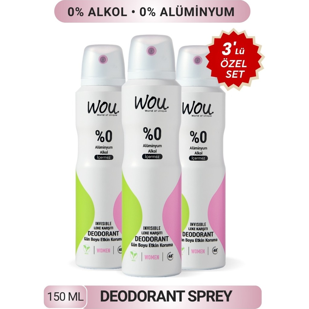 WOU World of Unique Kadın Deodorant Sprey ,pudrasız,48 Saat Etkin Koruma,vegan,alkol İÇERMEZ,150ML.3 Adet Özel Set - 150 ml Diğer Fiyatı