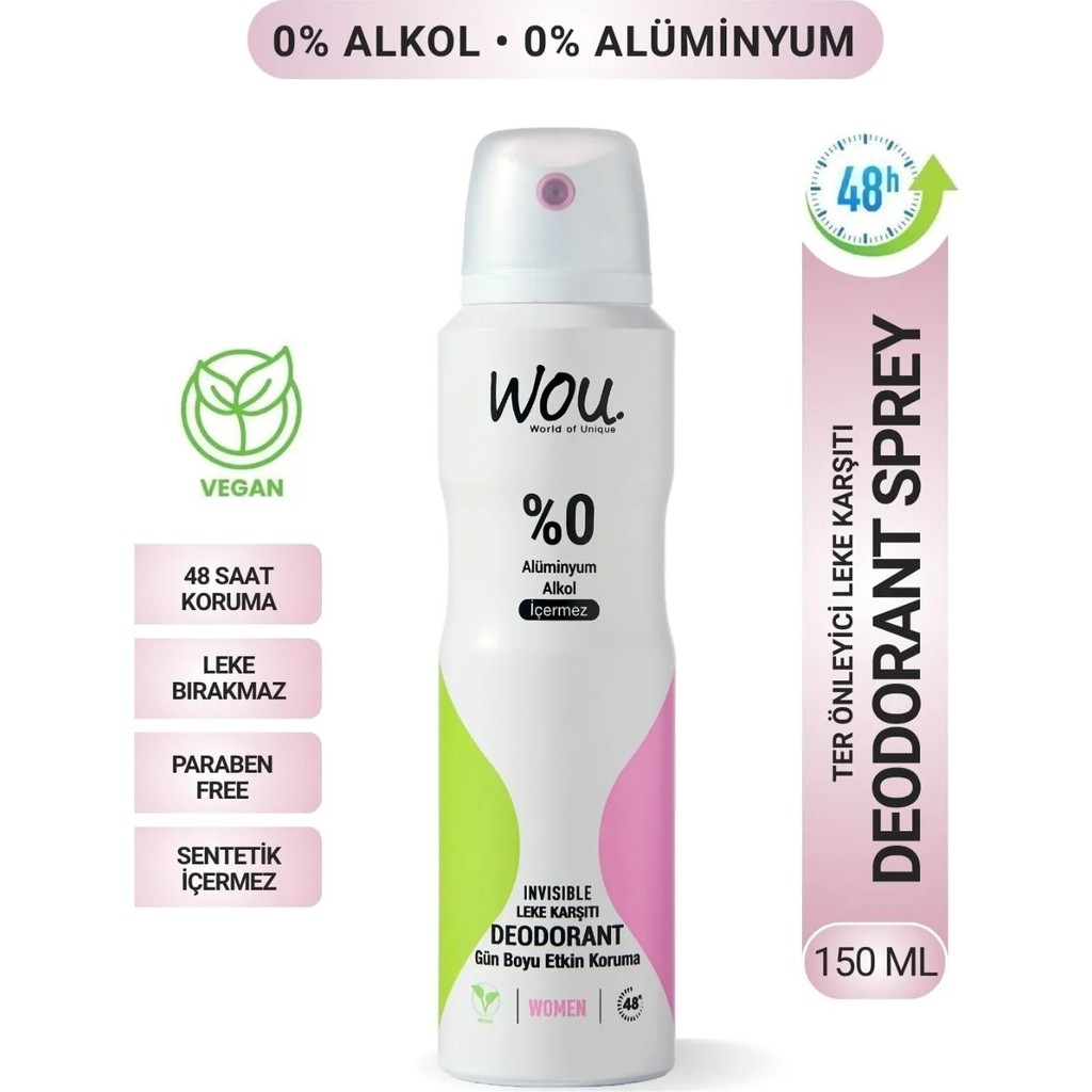 WOU World of Unique Kadın Sprey Deodorant 150 ml – 48 Saat Kalıcı Koruma, Vegan, Alkolsüz, Pudrasız, Ter Kokusu Önleyici Diğer Fiyatı