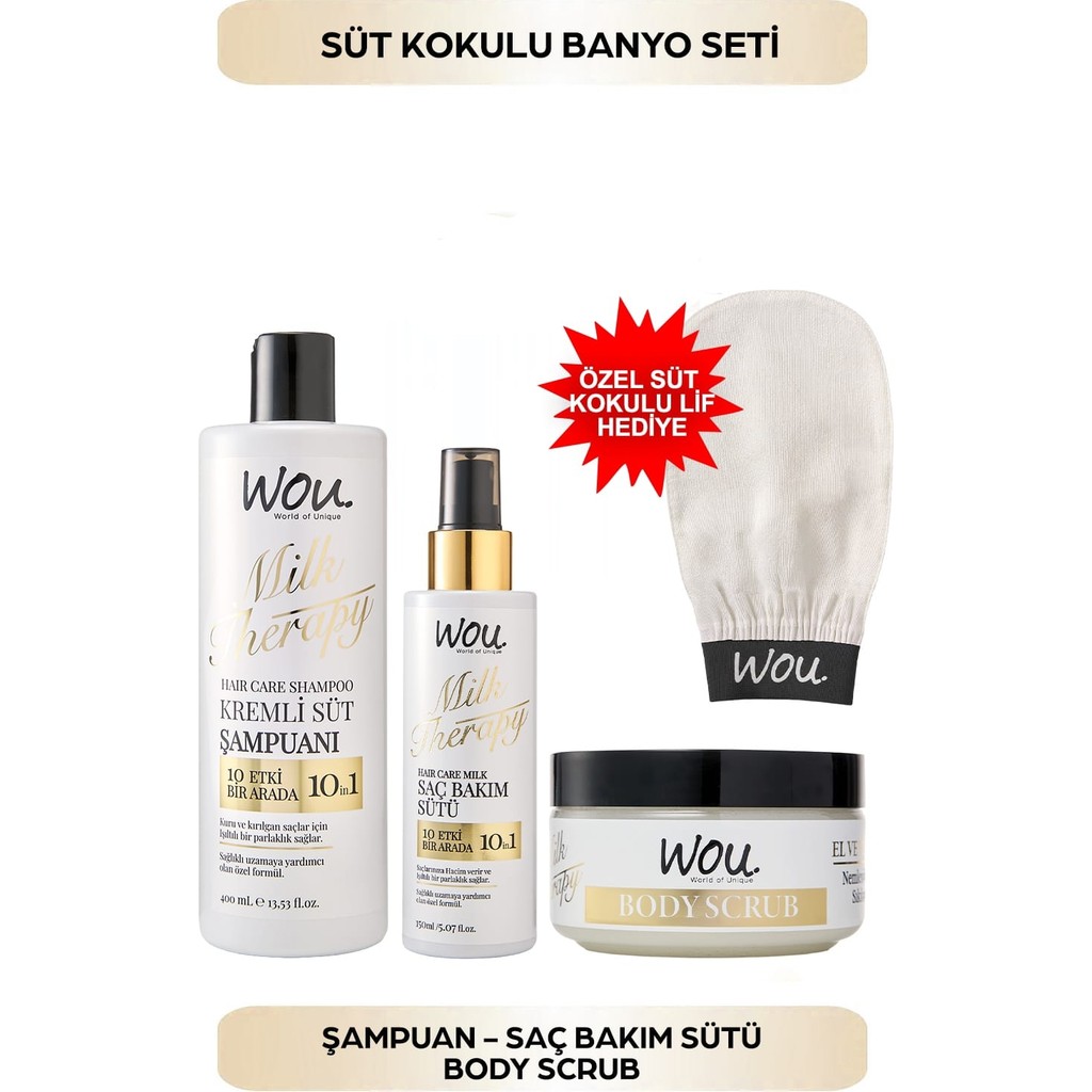 Wou World Of Unique Milk Therapy 400ML ŞAMPUAN/150ML Saç Bakım SÜTÜ/250ML Body Scrub/süt Kokulu Kese Diğer Fiyatı