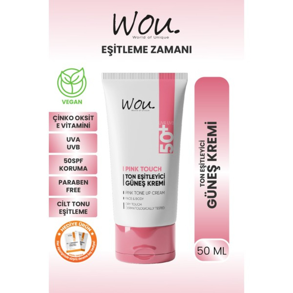 Wou World Of Unique Pink Touch Yüksek Koruma Etkili SPF50+ Güneş Kremi TÜM Ciltler 50 ml Güneş Kremleri ve Losyonları Fiyatı