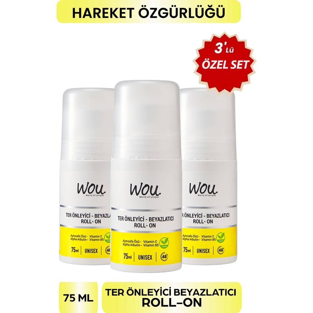 WOU World of Unique Roll On 75 ml 3’lü Set Ter Önleyici & Beyazlatıcı Deodorant Uzun Süreli Ferahlık Diğer Fiyatı