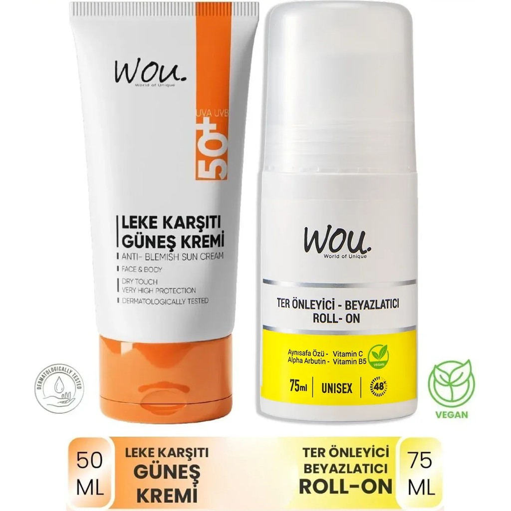 WOU World of Unique WOU Güneş Kremi SPF50+ 50 ml ve Roll-On 75 ml Suya Dayanıklı Set Tüm Cilt Tiplerine Uygun Diğer Fiyatı