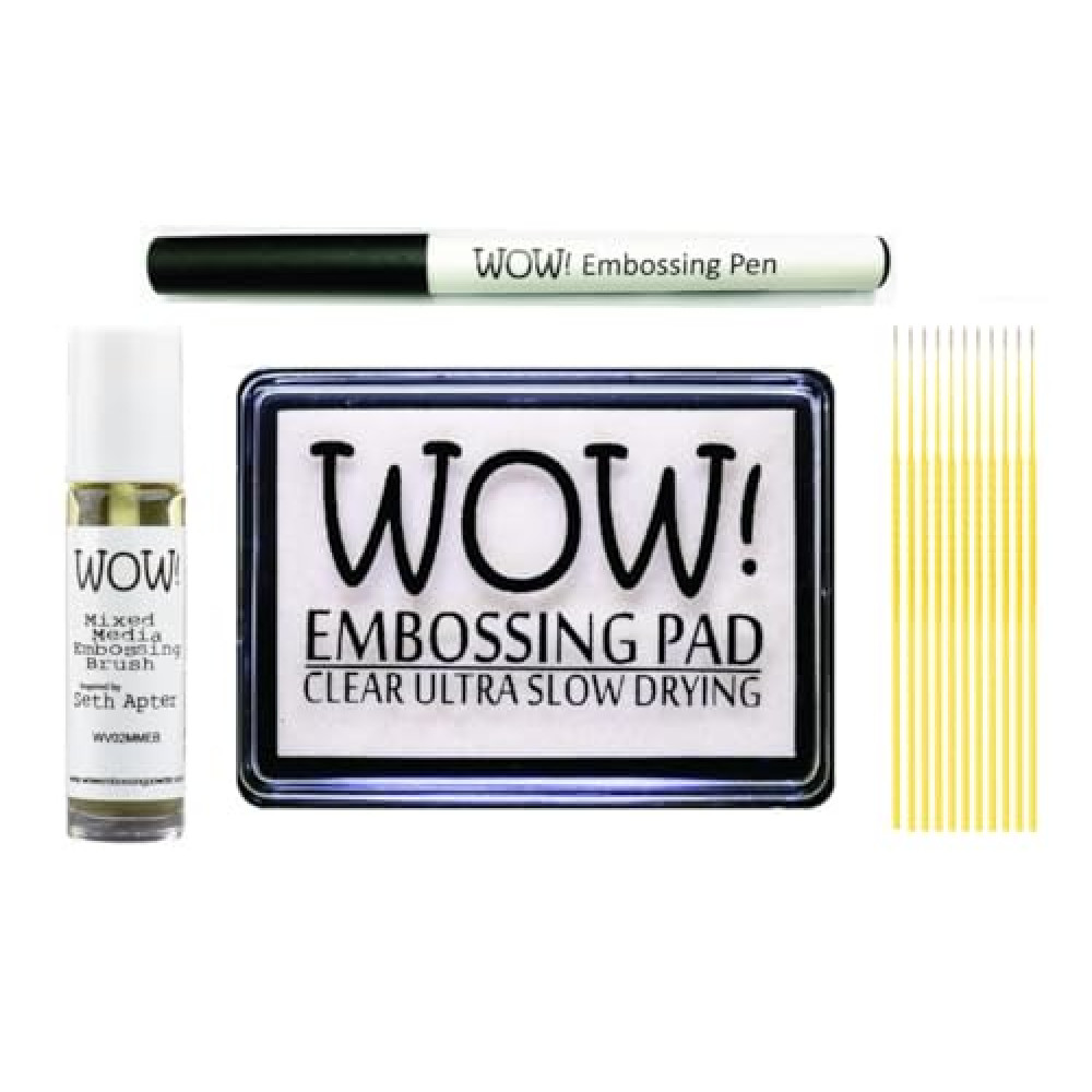Wow! Embossing Bundle - Clear Embossing Ink Pad Ultra Slow Drying, Mixed Media Embossing Brush, Clear Embossing Pen and Trebbies Detail Sticks