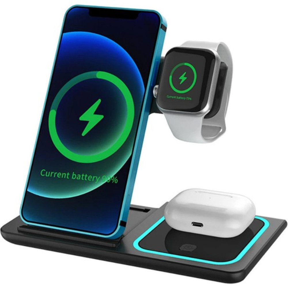 wowacs 3 In 1 15W Hızlı Şarj Kablosuz Wireless Apple iPhone Uyumlu Apple Watch Uyumlu Airpods Için Mavi LED Işıklı Şarj Standı - Siyah Cep Telefonu Şarj Cihazı Fiyatı