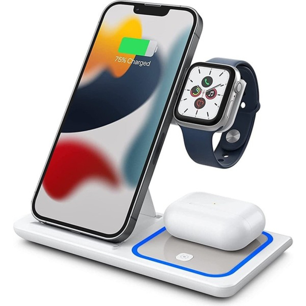 Wowacs 3 In 1 15W Hızlı Şarj Kablosuz Wireless Mavi LED Işıklı Şarj Standı - Beyaz Cep Telefonu Şarj Cihazı Fiyatı