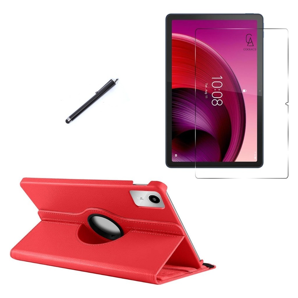 Wowacs Lenovo Tab K11 Gen 2 TB336FU Uyumlu Kılıf Dönebilen Standlı Tablet Kılıfı + Ekran Koruyucu + Kalem - Kırmızı Tablet Kılıfı Fiyatı
