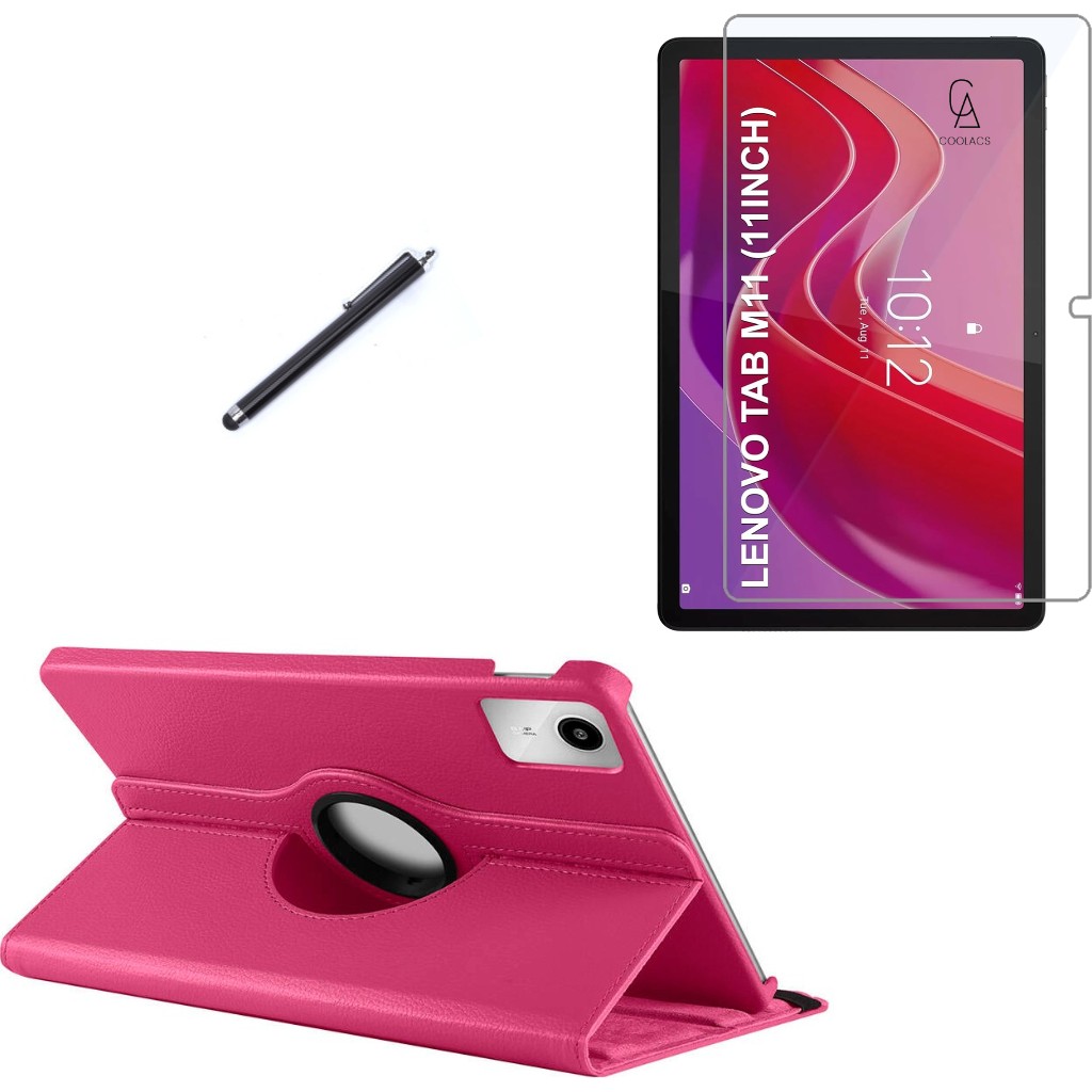 Wowacs Lenovo Tab M11 TB-330FU Uyumlu Kılıf Dönebilen Standlı Tablet Kılıfı + Ekran Koruyucu + Kalem - Tab M11 TB330FU - Pembe Tablet Kılıfı Fiyatı
