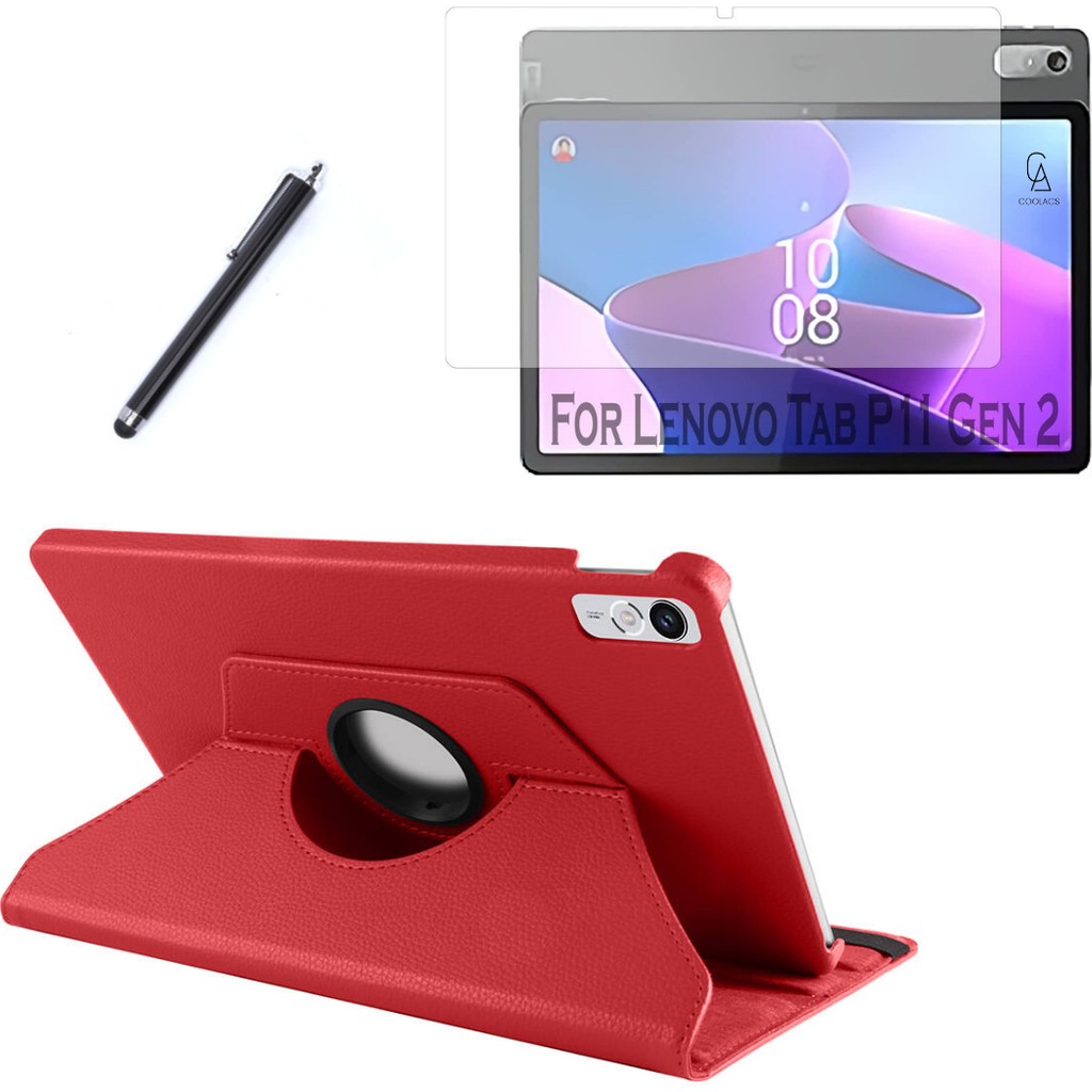 Wowacs Lenovo Tab P11 2.nesil 11.5 Inç TB-350FU Kılıf Dönebilen Standlı Tablet Kılıfı + Ekran Koruyucu + Kalem - Lenovo P11 2.Nesil 11.5" - Kırmızı Tablet Kılıfı Fiyatı