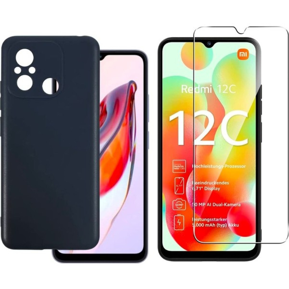 Wowacs Xiaomi Redmi 12C Uyumlu Kılıf Esnek Silikon Telefon Kılıfı ve Temperli Cam Ekran Koruyucu - Siyah Cep Telefonu Kılıfı Fiyatı