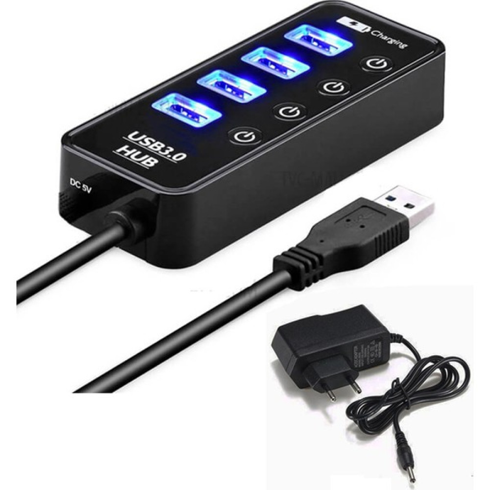 Wozlo 4 Port USB 3.0 Hub + 1 Port 2.1A USB Hızlı Şarj Çıkışlı Adaptörlü Ledli On/off USB Çoklayıcı - Siyah Tablet Pc Aksesuarları Fiyatı