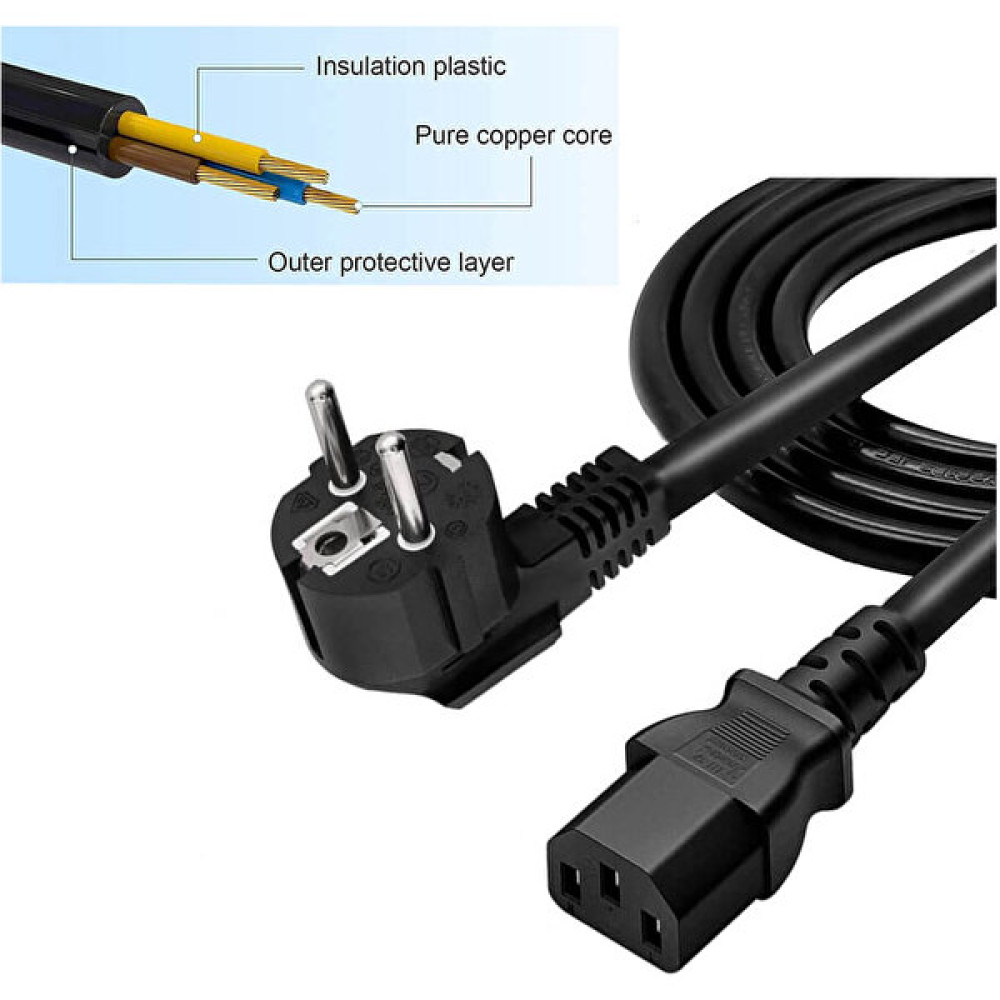 Wozlo C13 Bakır Power Kablo - Standar Power Güç Kablosu - 3*1.5mm² - 3 mt - Siyah - 3 m Güç Kablosu Fiyatı
