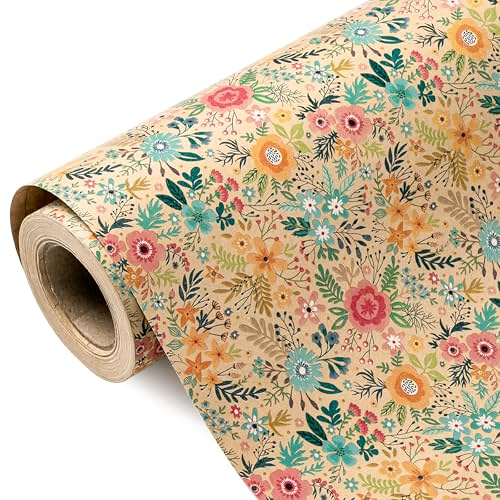 WRAPAHOLIC Kraft Floral Wrapping Paper Roll - Mini Roll - 17 Inch x 9.8 Feet - Spring Summer Garden Flower Design Perfect for Wedding, Bridal Shower, Birthday