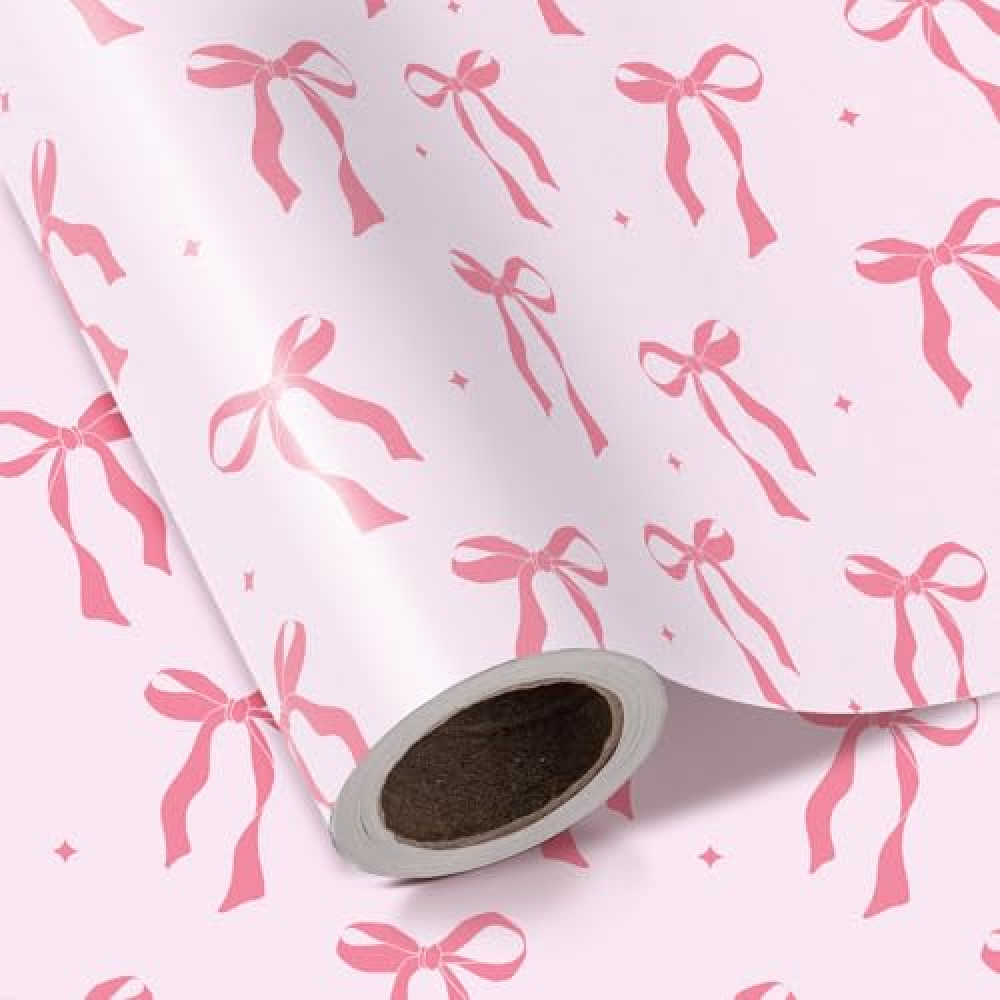 WRAPAHOLIC Pink Bow Wrapping Paper Roll - Mini Roll - 17 Inch x 16.5 Feet - Pink Ribbon Bow Design Perfect for Valentine's Day, Girls Birthday, Bachelorette Party, Baby Shower