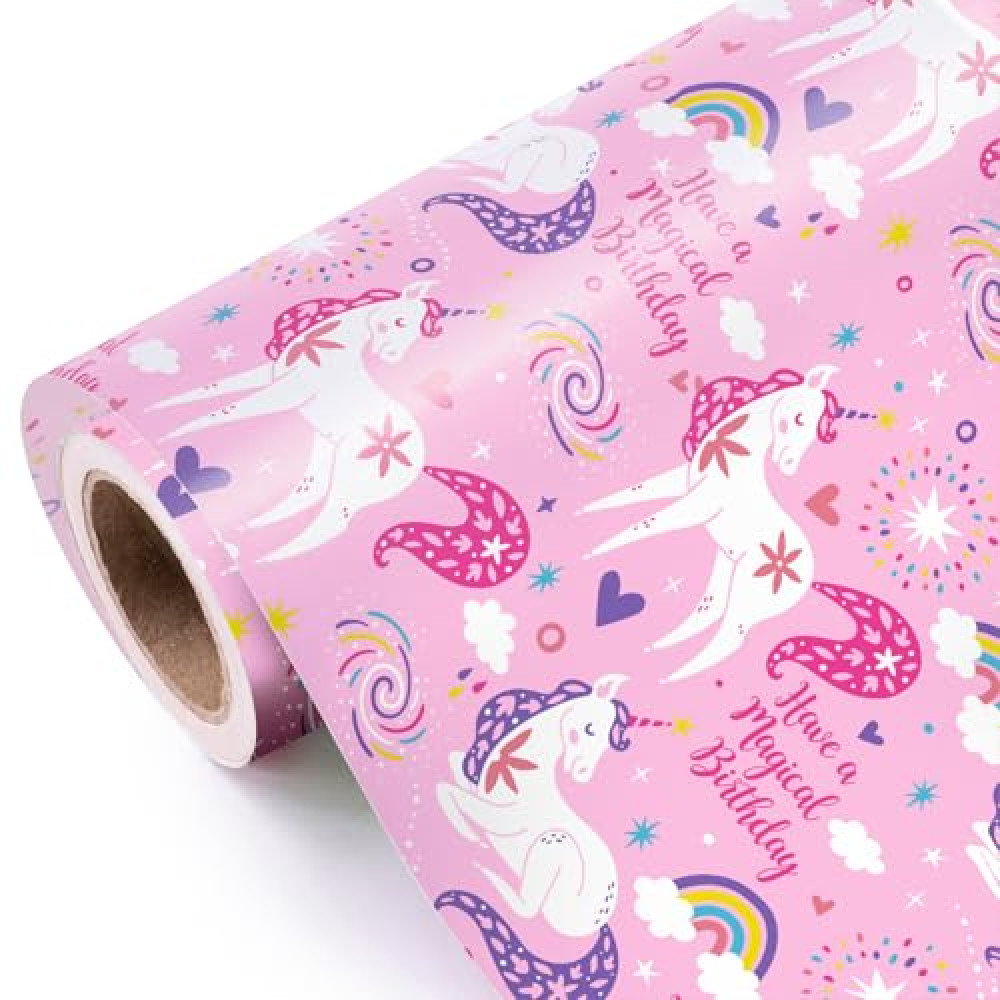 WRAPAHOLIC Pink Unicorn Birthday Wrapping Paper Roll - Mini Roll - 17 Inch x 9.8 Feet - Have a Magical Birthday Perfect for Girls, Baby Shower, Party, Holiday