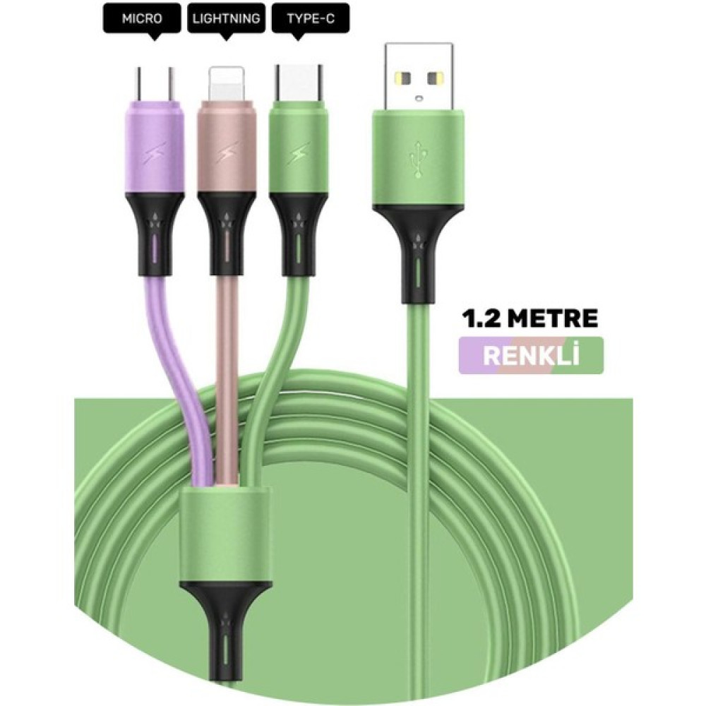 Wrysoon Huawei Xiaomi Samsung Iphone Uyumlu Çoklu Şarj Aleti Cihazı Kablosu Type-C Micro Lightning 3lü Şarj - Renkli Cep Telefonu Şarj Cihazı Fiyatı