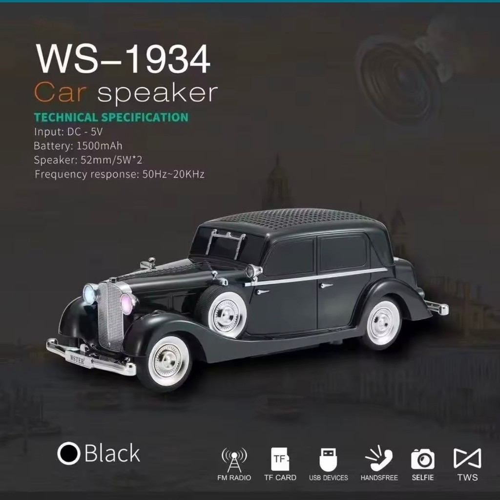 WS1934 Model Klasik Araba Şarjlı Bluetooth Hoparlör Ses Speaker Müzik Çalar Subwoofer Kolon Fm Radyo Sd Kart USB - Siyah Bluetooth Hoparlör Fiyatı