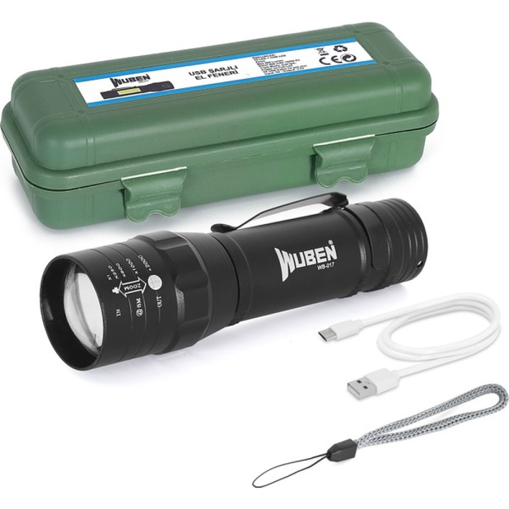 Wuben WB-017 Ultra Güçlü USB Şarjlı Kutulu El Feneri - Kamp Feneri - Avcılık Feneri - USB Fener El Feneri Fiyatı