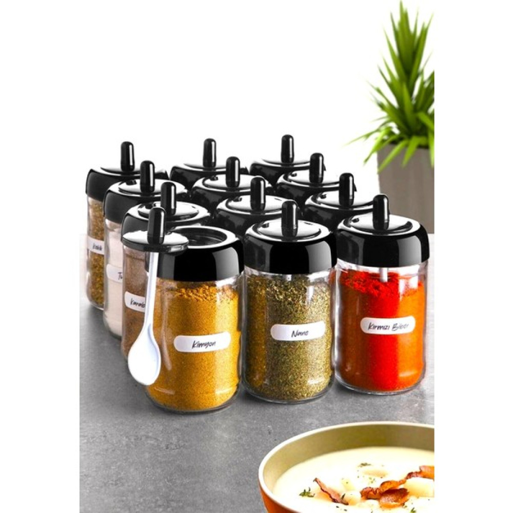 WuuQ 12 Adet Kapağı Kendinden Kaşıklı ve Etiketli Baharatlık Seti - (300 Ml) Etiketli Cam Baharat Takımı Saklama Kapları Fiyatı