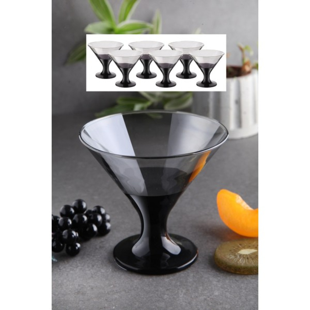 WuuQ Lüx - Cam 6 Lı Ayaklı Magnolia,puding,dondurmalık,çerezlik Kase Cup Seti - Siyah Füme Renk Kase Fiyatı