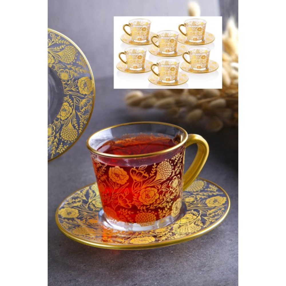 WuuQ Lüx - Nescafe ve Çay Seti Fincanı Desenli Gold Renk - 12 Parça Fincan / Bardak / Kahve Takımı Fiyatı