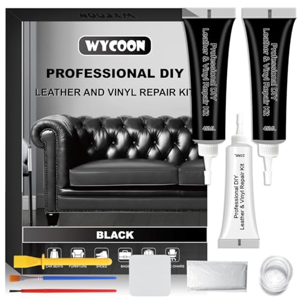 WYCOON Black Leather & Vinyl Repair Kit, Fix Fading, Tears, Scratches, and Peeling on Leather and Vinyl Furniture, Car Seats, and Jackets, Easy Instruction with Color Mixing Guide