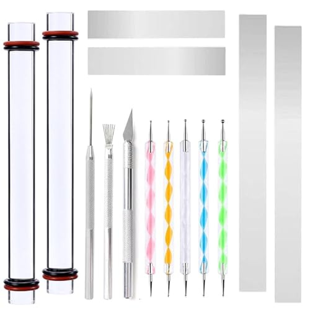 WZSTNBLA 14 Polymer Clay Tools Acrylic Roller Clay Rolling Pin with Thickness Rings Tissue Blade Sculpting Earring Making Kit Supplies Slicer Dotting Tool Jewelry Accessories Mini Cutters Press