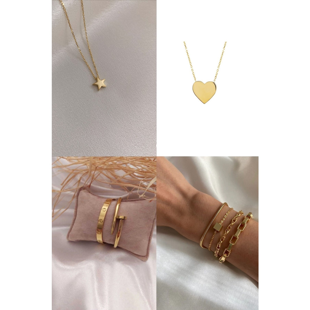 X-Lady Accessories Altın Renk Kombin Kalp Kolye Yıldız Kolye Kartier Çivi Bileklik Ve Küp Kombin Bileklik - 2171 Bijuteri Kolye Fiyatı