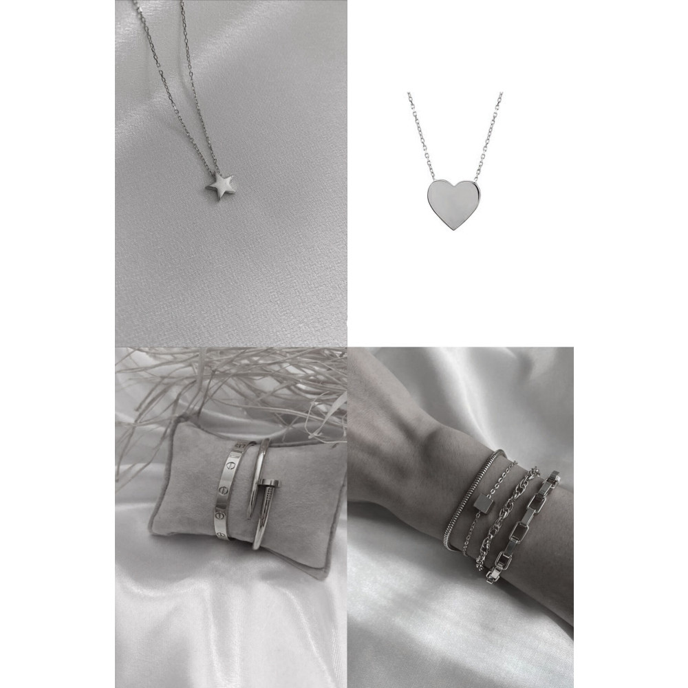 X-Lady Accessories Gümüş Renk Kombin Kalp Kolye Yıldız Kolye Kartier Çivi Bileklik Ve Küp Kombin Bileklik - 2277 Bijuteri Kolye Fiyatı