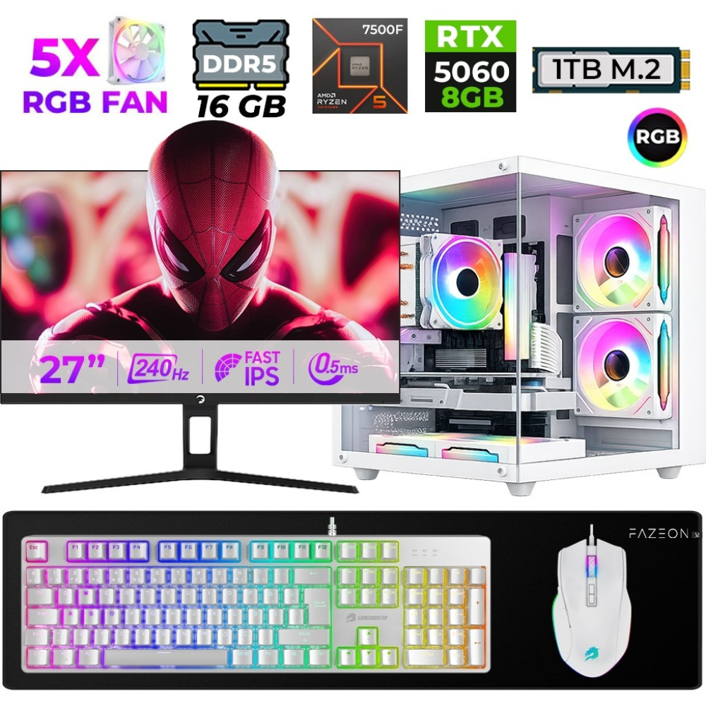 Xaser Live X40 Ryzen 5 7500F 16GB Ddr5 Ram 1tb M.2 Nvme SSD 8gb RTX5060 27" 240Hz Masaüstü Oyuncu Bilgisayarı - Beyaz - 27 inç Masaüstü Bilgisayar Fiyatı