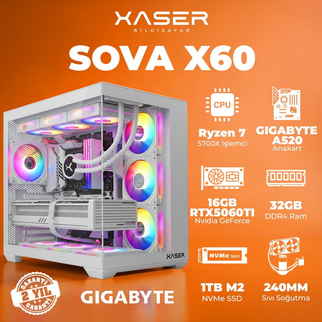Xaser SOVAX60 Ryzen 7 5700X 32GB Ram 1tb M.2 Nvme SSD 16GB RTX5060TI Sıvı Soğutmalı Masaüstü Oyuncu Bilgisayarı - Beyaz - Yok Ekran Kartları Fiyatı