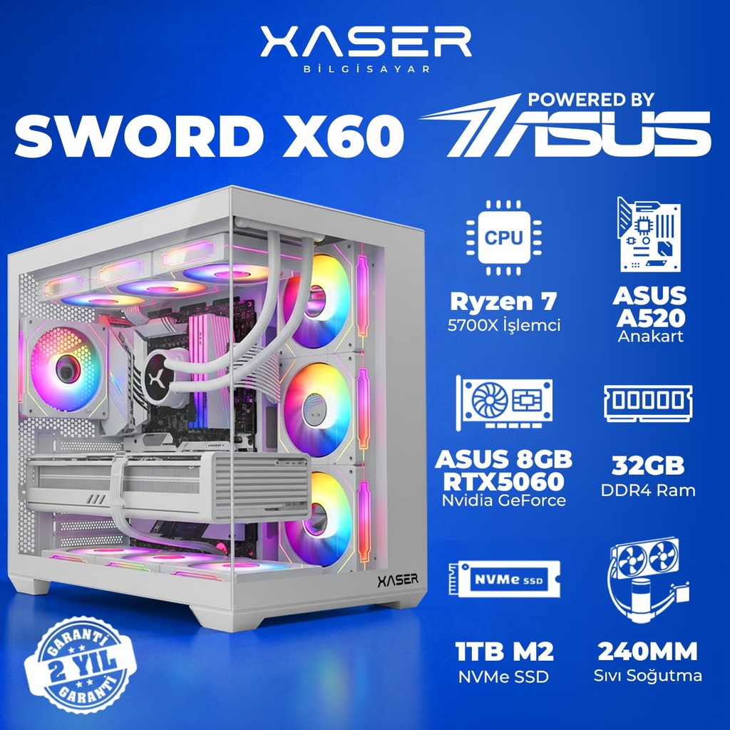 Xaser Sword X60 AMD R7 5700X/ASUS A520M-R/ASUS 8GB RTX5060/ 32GB RAM /1TB M.2 SSD/Sıvı Soğutmalı Masaüstü Oyuncu Bilgisayarı Ekran Kartları Fiyatı