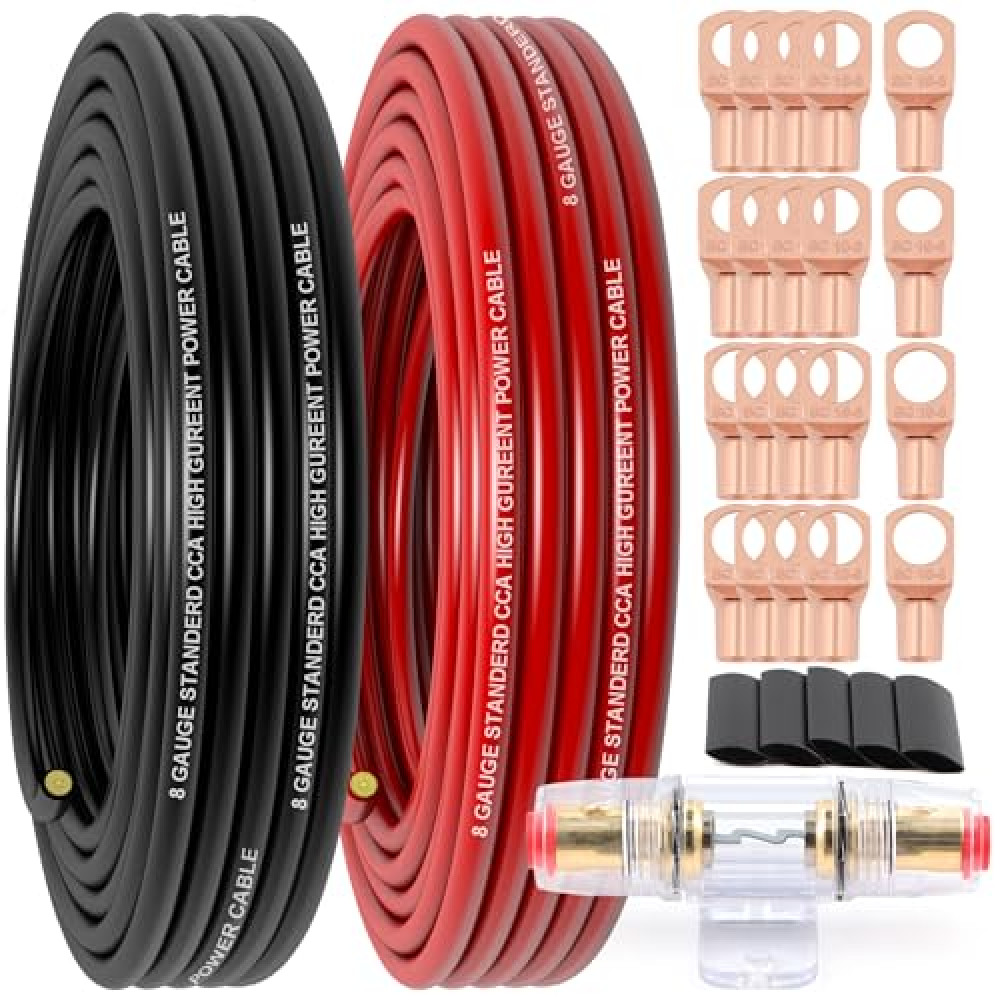 Xaugiry 8 Gauge Wire (25FT RED+25FT Black) Copper Clad Aluminum CCA,60A Fuse Holder,20 pcs lugs,20 pcs 2:1 Heat Shrink Tubes,Car Amplifier Power&Ground Cable,Primary Automotive Wire