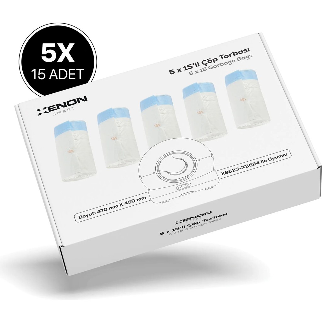 Xenon Smart Akıllı Kedi Tuvaleti 5'li Atık Torbası Cat Cleaner Çöp Poşeti 75 Adet (X8623 & X8624 İle Uyumludur - Beyaz Evcil Hayvan Ürünleri Fiyatı