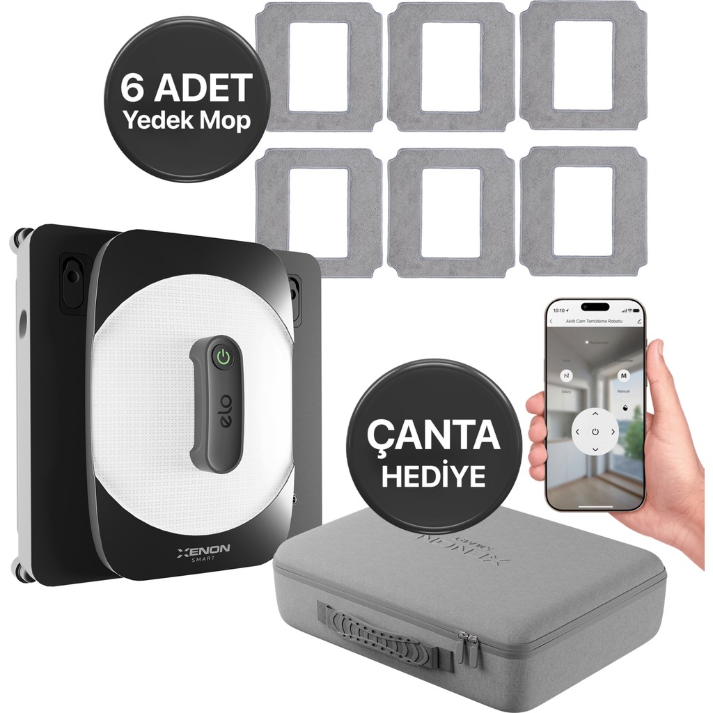Xenon Smart Cam Silme Robotu (Elo) ve 6 Adet Mop | 2'li Set, Kumandalı, 3 Modlu, Mobil Kontrol - Siyah TV Aksesuarları Fiyatı