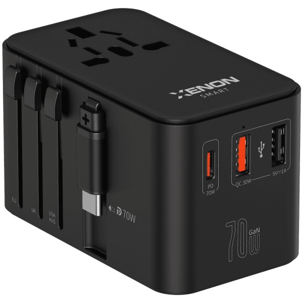 Xenon Smart Priz Dönüştürücü | 70W Gan Hızlı Şarj, 200+ Ülke, Dahili Usb-C Kablo, Usb-C, 2x Usb-A (X6411) - Siyah Cep Telefonu Şarj Cihazı Fiyatı