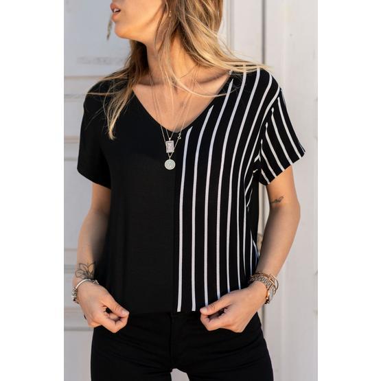 Xhan 0YXK2-43360-02 Siyah Beyaz V Yaka Kadın Bluz