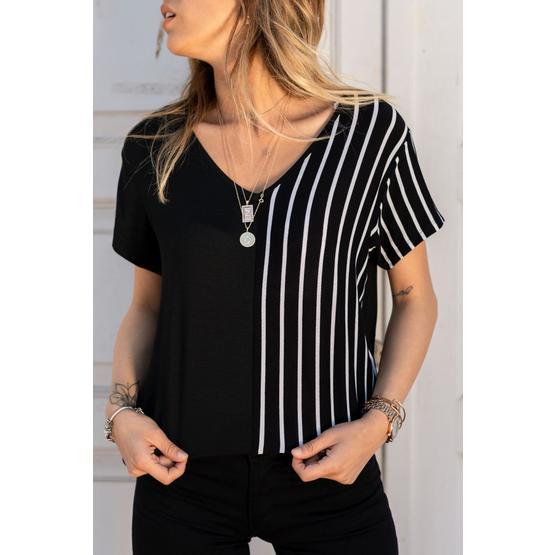 Xhan 0YXK2-43360-02 Siyah Beyaz V Yaka Kadın Bluz