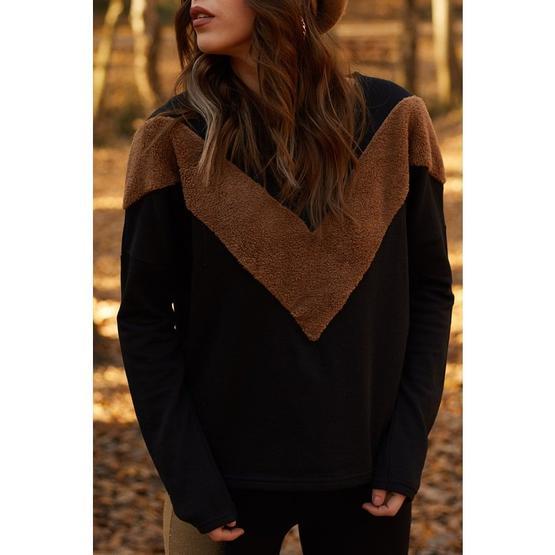 Xhan 9KXK8-41669-02 Siyah Suni Kürk Bloklu Kadın Sweatshirt