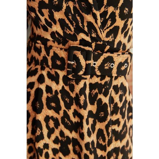 Xhan 9YXK6-41805-16 Kiremit Çift Cepli Kemerli Leopar Desenli Kadın Elbise