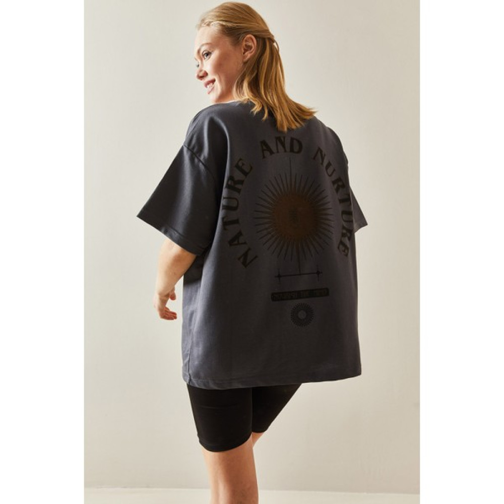 Xhan Antrasit Bisiklet Yaka Arkası Baskılı Oversize T-Shirt 4KXK1-47897-36 Bayan T-shirt Fiyatı