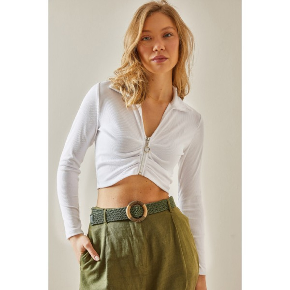 Xhan Beyaz Fermuarlı & Drapeli Kaşkorse Crop Bluz 5YXK2-47965-01 Bluz Fiyatı