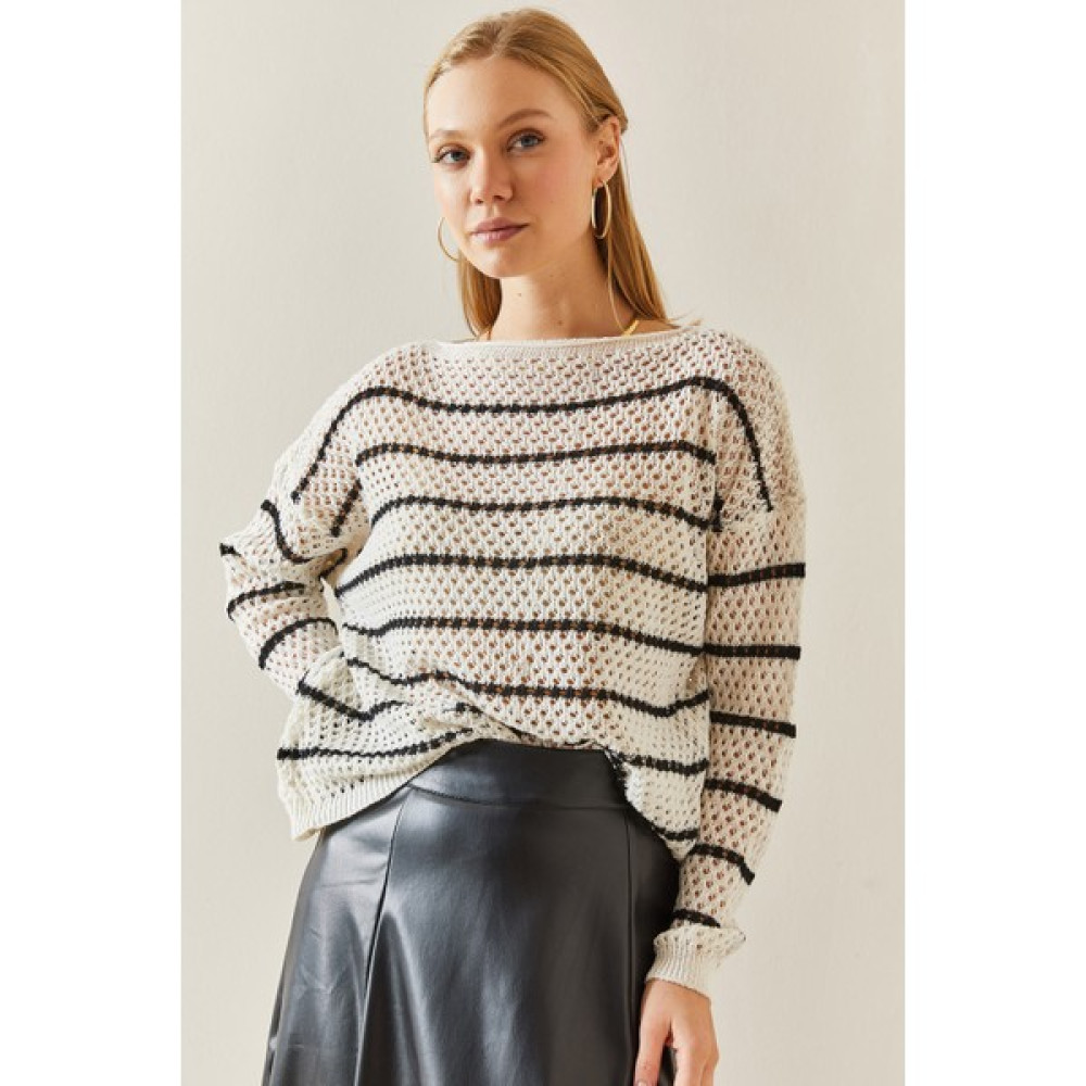 Xhan Krem Oversize Delikli & Çizgili Salaş Kazak 4KXK3-47737-22 Bayan Kazak & Süveter & Triko Fiyatı