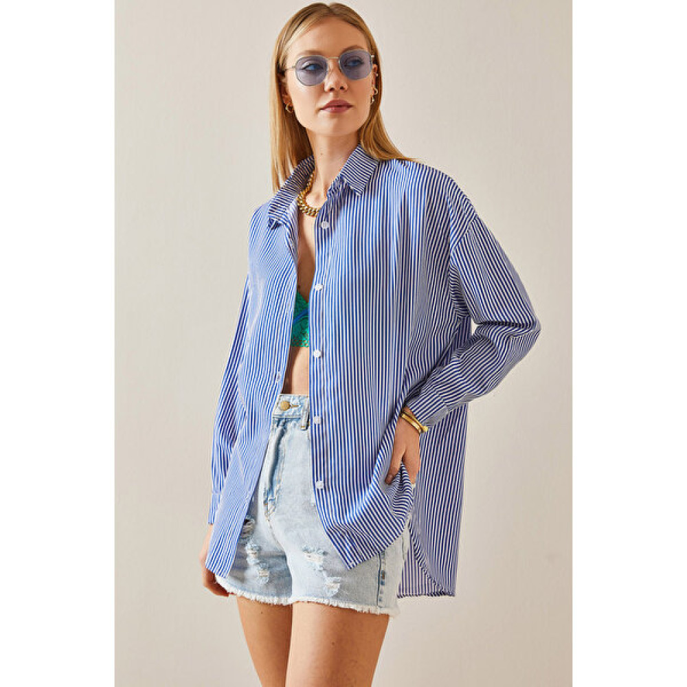 Xhan Lacivert Çizgili Polo Yaka Oversize Gömlek 4KXK2-47765-14 Kadın Gömlek Fiyatı