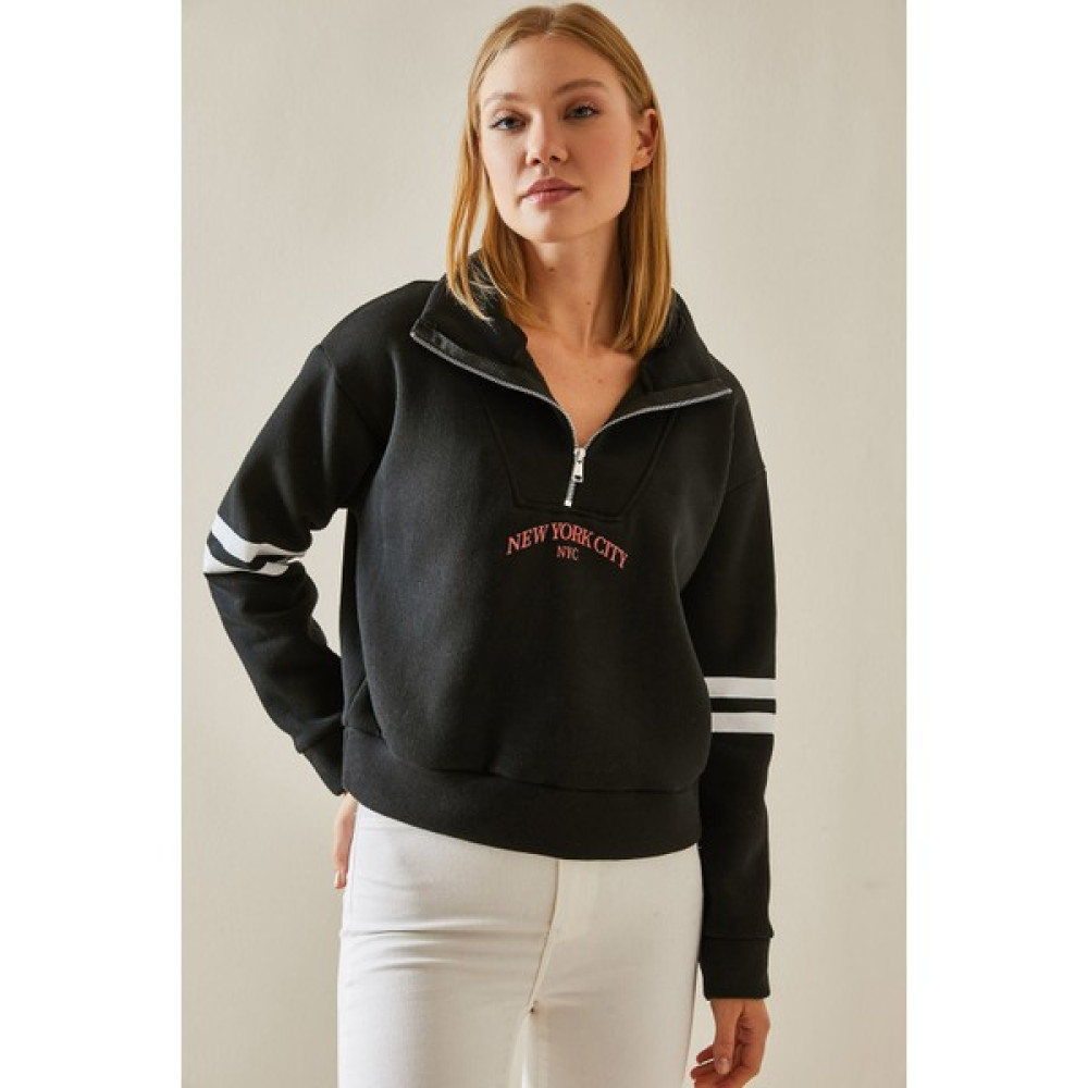Xhan Siyah Fermuar Detaylı Baskılı Sweatshirt 4KXK8-47608-02 Bayan Sweatshirt Fiyatı