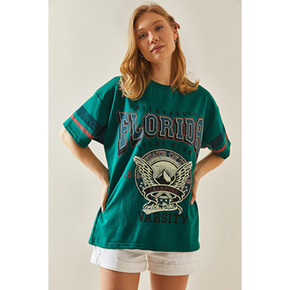 Xhan Zümrüt Yeşili Baskılı Bisiklet Yaka Oversize T-Shirt 5YXK1-48005-44 Bayan T-shirt Fiyatı