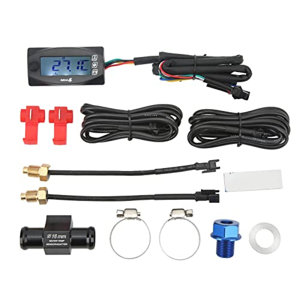 XHIKOWAT Universal 4 in 1 Motorcycle Temperature Voltage, DC12V Time, Water Oil Temperature Meter with Thermometer for Motorbikes (M14x1.5)