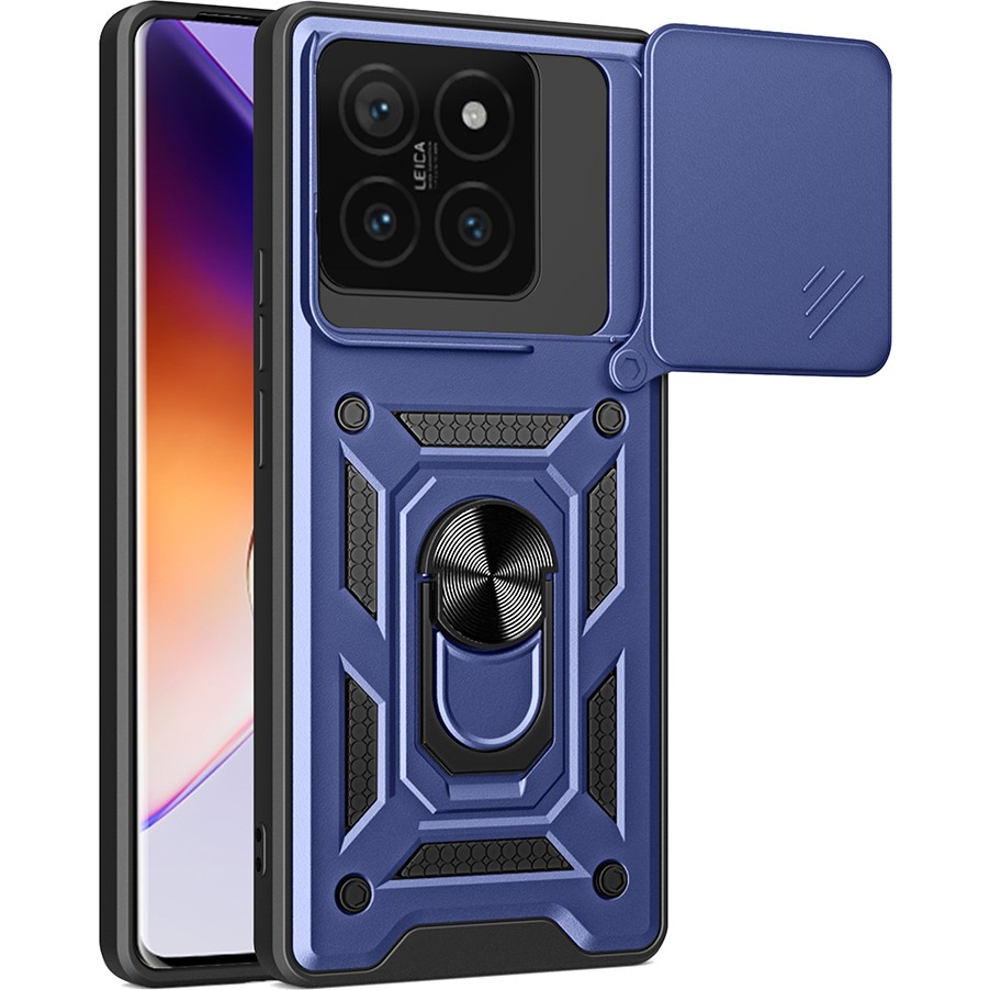 Xiaomi 14T Pro Uyumlu Kılıf Magnetik Standlı Kamera Korumalı Sürgülü Kapak-Mavi - Mavi Cep Telefonu Kılıfı Fiyatı