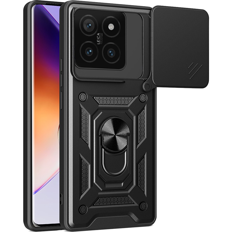 Xiaomi 14T Uyumlu Kılıf Magnetik Standlı Kamera Korumalı Sürgülü Kapak-Siyah - Siyah Cep Telefonu Kılıfı Fiyatı